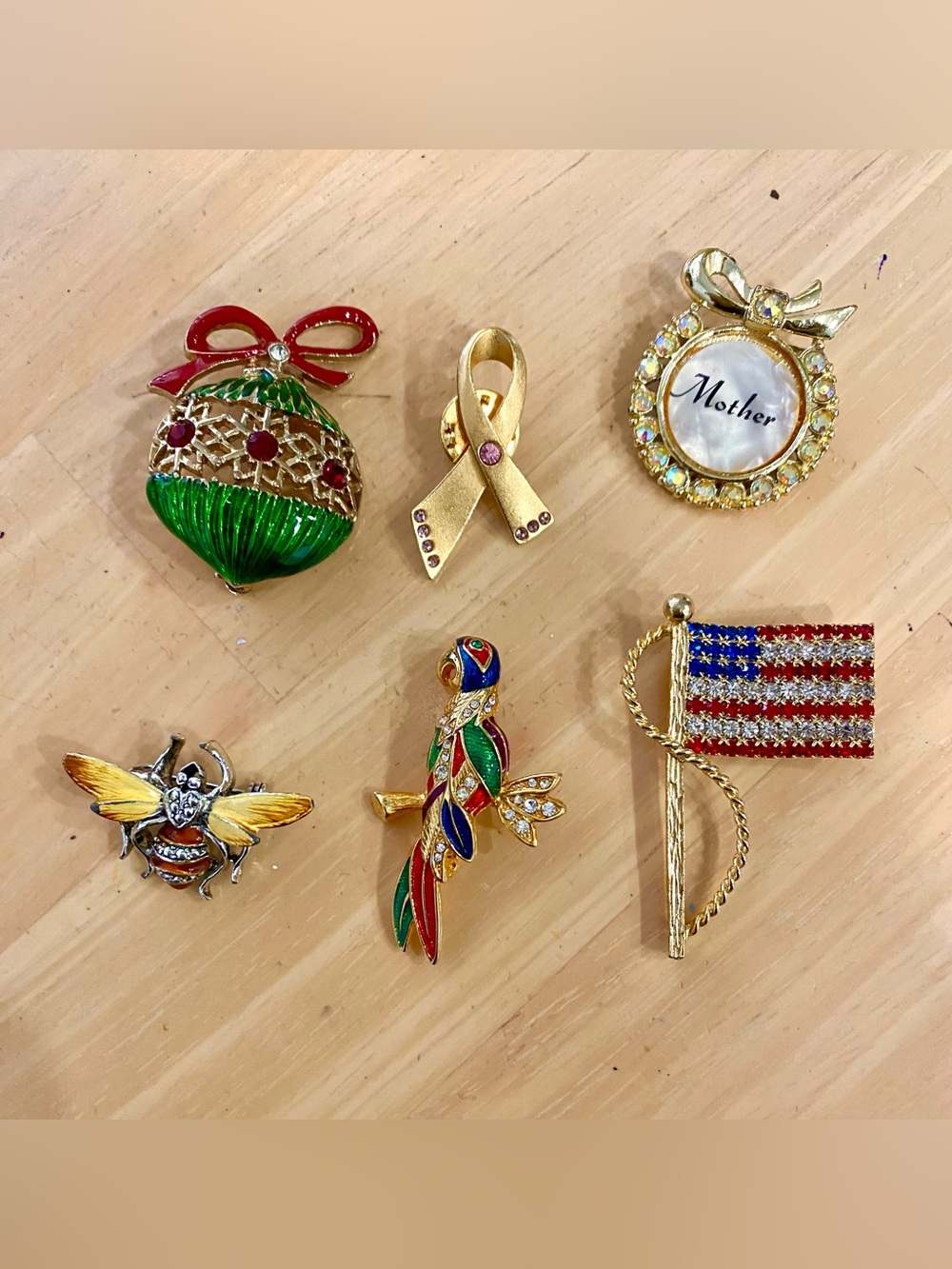 Assorted Gold-Tone Enamel Pin Lot - Holiday, Ribbon, Mother, Flag & Bird Designs